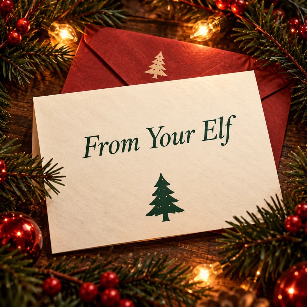 A cream arrival note marked From Your Elf, with a red envelope and Christmas greenery.