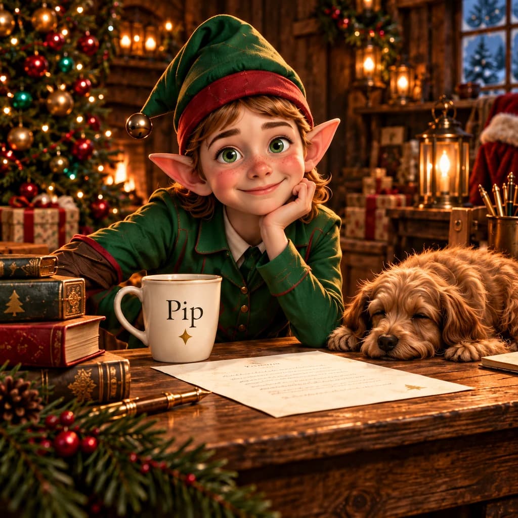 Pip, a friendly red-haired elf in a green hat, at his Christmas writing desk with a sleeping dog.