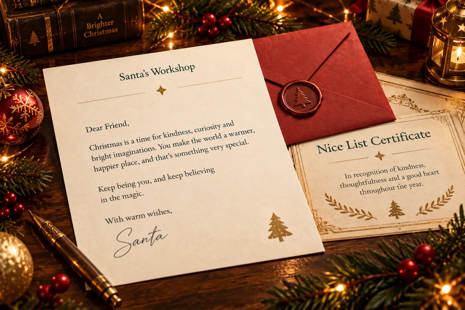 Santa’s personal letter and Nice List Certificate, with a red wax-sealed envelope.