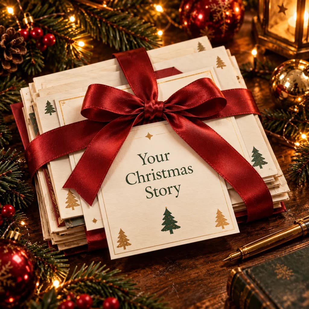 A collection of Christmas letters tied together with a deep red ribbon.